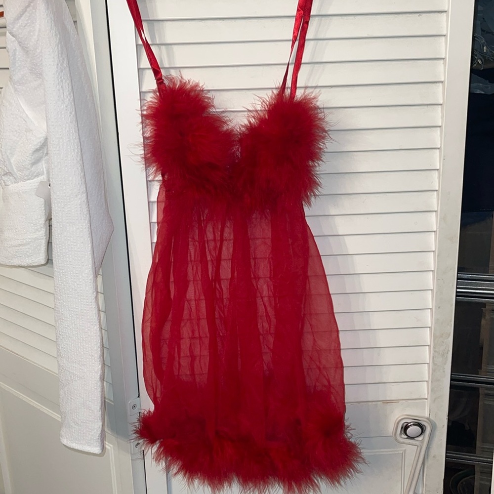 Vintage Fredericks of Hollywood Lingerie Red Feathers Sheer Babydoll One Size